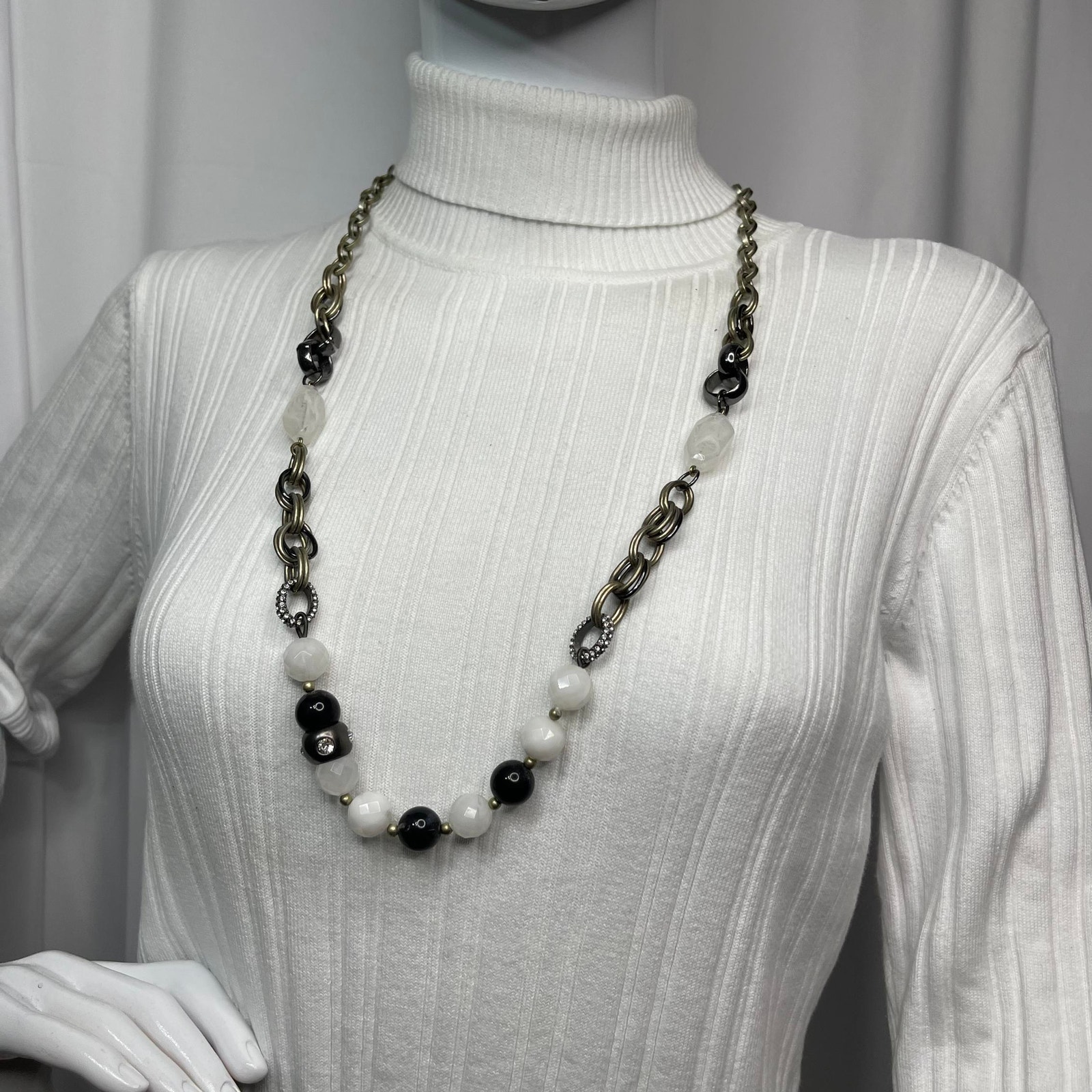 Loft Ann Taylor Silver Tone Necklace Burnished Mixed Metals White Black Beads